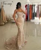 Party Dresses Champagne Mermaid Prom Custom Made Pearls Spaghetti Straps Celebrity Gowns Dubai Wedding Evening Dress Vestidos de Gala