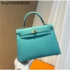 Women Handbag 7a Handmade Lake Blue Ostrich Skin KL Bag 25CM Handsewn Summer Bag Silver Button