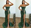 Sexy smaragdgroene avond feestjurk zeemeermin dij split strapless vrouwen formele prom -jurken 2025 sprankelende kralen pailletten gewaad de soiree