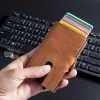 財布余分な薄い男性ジッパーカードホルダーウォレット100％本物のレザークレジットRFIDブロッキングIDカードケースメタルポップアップウォレット