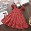 Urso líder verão 2023 Casual bebê menina infantil babados sem mangas vestido princesa vestido fofo coreano coreano roupas 240416