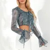 Dames blouses musuos vrouwen pure mesh ruche crop tops zomer herfst lange mouw knoppen v nek luipaard print slanke shirt blouse strand