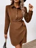 Casual Dresses Elegant Corduroy Short Women Autumn Winter Fashion Button Bandage Dress Slim Irregular In 2024