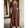 Casual Dresses Autumnwomens V-ringning tryckt långärmad fickans pulloverklänning Kvinnor Kläder S-3XL JURKEN ROBE VESTIDO