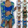 Women's Swimwear 2024 Mesh Three Piece Sunscreen Digital Print Loose Top