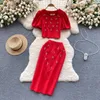 Robes de travail Neploe vintage Elegant O Neck Diamond Puff Sleeve Tops Femmes Y2k High Waist BodyCon Jirts 2024 Spring Two Piece Sett