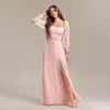 Festklänningar Kvinnor Stripless Pink Long Sleeved Bridesmaid Chiffon Free Wear Square Neck Glows Elegant Dress for Wedding