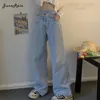 Jeans femininos Cruzes de tiras de alta cintura alta Moda coreana larga mulheres mulheres casuais estéticos hip hop bolsões góticos femininos de jeans retos
