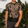 Mężczyzn T Shirt Mesh Striped O Neck krótkie rękawowe Mężczyźni Ubranie Streetwear Sexy Korean Fashion TEE TOPS S-5xl Inderun 240420