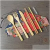 Conjunto de talheres de bambu dos conjuntos de talheres de bambu com talheres com bolsa e pincel Drop Drop Home Garden Kitchen Dining Bar Dhi43