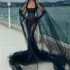 Festklänningar huvudbonad svart paljett spets stropplös aftonklänning elegant lyx kändis med handskar bröllop sjöjungfrun vestido