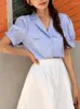 Kvinnors blusar Summer randiga trycktröjor toppar kvinnor puff kort ärm mode skräddarsydd krage damer koreansk lös veckad kvinna skjorta