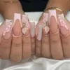 False Nails 24st Long Square Full Cover Fake Nail Flower Design With Rhinestones False Nails Tips Ballet Weoreble Press On Nails Manicure Y240419