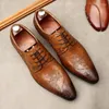 Dress Shoes Luxury Men Oxford Derby Shoe Flower Carving Genuine Leather Coffee Black Lace Up Pointed Toe Wedding Formal