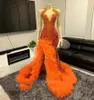 Orange Prom Dress 2024 Luxury Black Girl Sparkly Mermaid Pärled Crystal With Ruffles Slit Formal Birthday Evening Gala Gown Robe de Soiree