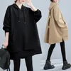 Bluzy dla kobiet #3703 Czarne khaki harajuku swobodne bluza kobieta luźna przednia kieszonkowa Asymetryczna długie kobiety zima zima