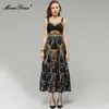 Robes décontractées Moaayina Summer Fashion Designer Vintage Spaghetti Strap Print Midi Big Swing Robe Sexy's Sexy Backless Ruffle Hem