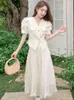 Work Dresses Elegant Fashion 2 Piece Outfits Women Bubble Sleeve Short Tops Shirt Blouse Midi Swing Skirt Sets Mujer Party Holiday Clothing