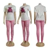 夏のデザイナー服の女性2ピースパンツカジュアルクルーネックTシャツとレギンスピンクセットフリー船