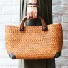 Buckets Handmade straw bag retro rattan straw woven handy beach bag simple art weaving bag