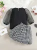 Clothing Sets 2-5years Toddler Girl 2 Piece Outfit Mesh Long Sleeve Shirt And Plaid A-Line Skirt For Girls Spring Fall Clothes Set