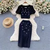 Robes de travail Neploe vintage Elegant O Neck Diamond Puff Sleeve Tops Femmes Y2k High Waist BodyCon Jirts 2024 Spring Two Piece Sett