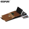 Wallets EISIPURI Men Genuine Leather double Metal Credit Card Holder Aluminium RFID Blocking Wallet Hasp Mini Vintage Wallet Hold Cards