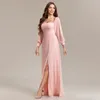 Festklänningar Kvinnor Stripless Pink Long Sleeved Bridesmaid Chiffon Free Wear Square Neck Glows Elegant Dress for Wedding