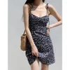 Casual Dresses V-neck Slim-Fit Purplish Blue Chest Lace-up Floral Skirt