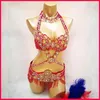 Sahne Giyim Göbek Dans Kostüm Sütyen Kemeri Kolye 3pc Set Seksi Kadınlar Kristal Bellydancing Suit Bellydance Giysileri