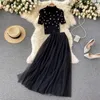 Work Dresses Autumn Black Suit Women Knitted Short-sleeved Beaded Knit Tops And Slim Mesh Long Skirt Two-piece Sets Ladies Vintage Outfits