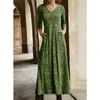 Casual Dresses Autumnwomens V-ringning tryckt långärmad fickans pulloverklänning Kvinnor Kläder S-3XL JURKEN ROBE VESTIDO