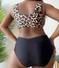 Donna di grandi dimensioni 4xl Swimsuit Leopard Patchwork Bikini Set sexy Tiep a basso taglio Swimwear Abito da bagno bibico ad alta vita 240416