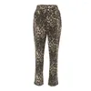Calça feminina botão com zíper de calças longas estampes de leopardo Slim Fit lápis para mulheres com bolsos elegantes