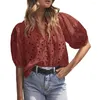 Women's Blouses Women Summer Blouse Casual V-neck Lantern Short Sleeve Shirt Solid Color Hollow Flower Pattern Pullover Tops Streetwear