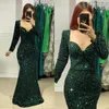 Mörkgröna paljetter Muslimska aftonklänningar Eleganta långa ärmar sjöjungfru Turkish Kaftan klänning Ben kropps speciella tillfälle Formella klänningar för kvinnor