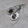 Dangle Earrings Tribal Oval Green Stone Hook Vintage Jewelry Ethnic Metal Silver Color Hollow Long For Women