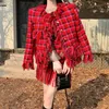 Work Dresses Set Women's Winter Tweed Plaid Fringed Bearded Woolen Jacket High Waisted Short Skirt Suits