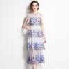 Casual jurken Franse romantische glamour blue kleur bloemen vrouwen strand sexy schouder van spaghetti band trapple sprookjesvestidos