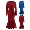 Casual Dresses Women Evening Dress V Neck Sticked Slim Fit Long Sleeve Soft Elastic Belt Tight High midje Fishtail Hem Mid-Calf Längd