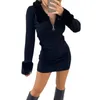 Robes décontractées collier de fourrure zip up up tricot bodycon robe ring women women manches longues emballé mini crayon d'hiver automne