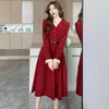 Casual Dresses 2024 Autumn Vintage Corduroy Red Women With Belt Korea Elegant Patchwork Long Sleeve Office Lady Retro Party Black Dress