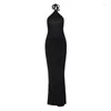Casual Dresses Open Back Solid Neck Long Dress Pure Color Halter Adult Lady Like Woman Wind