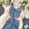 2024 Summer Women kjol Två stycken Sexig V-ringad ctoped denim Vest High midje denim kjolar koreanska damer ärmlösa kostymer 240418