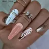 False Nails 24Pcs False Nails Rhinestone Glitter Marble Grain Design Fake Fingernails Long Ballet Wearable Acrylic Full Cover Press on Nails Y240419 Y240419