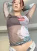 Y2K Mesh Top Women Streetwear Long Sleeve Graphic Tee See Through O Neck Tops Slim Anime T-shirt Sexy Crop Top Women Clothing 240409