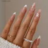 False Nails 24 조각/신선한 꽃 아몬드 가짜 손톱의 상자 손톱에 눌려진 디자인 조작 패치와 함께 자주색으로 분리 가능한 가짜 손톱 팁 Y240419EROY
