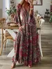 Casual Dresses Bohemian Beach Women Maxi Dress Spring Summer V-ringen Långärmad Kvinna Vintage Floral Print Robe Vestido