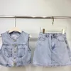 Work Dresses Women Denim Sleeveless Tops Or Mini Skirts Colourful Rhinestone Single Breasted Vest Coat A-line Skirt Suit 2024 Summer