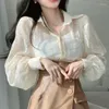 Kvinnor BLOUSES 2024 Women Korean Fashion Shirt Autumn Elegant Tops Lose Long Sleeve Spring Lapel Crochet Ladies Bubble 28184